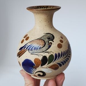 Vintage Mexico Sandstone Pottery Hand Painted Vase Flowers & Birds Glazed Inside